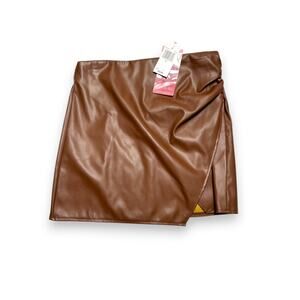 NWT Fashion on Earth Faux Sleek Brown Leather Wrap Skirt Size Small